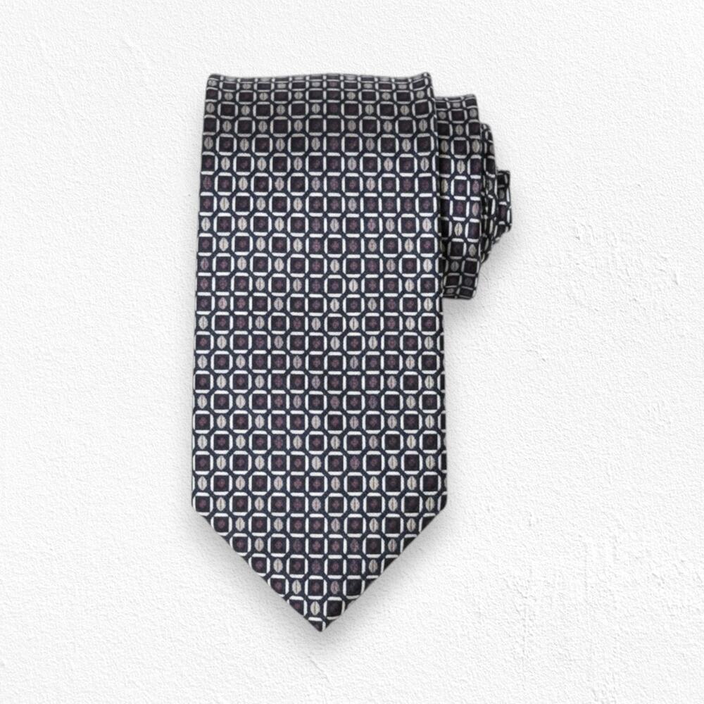 90s Vintage Dion Black Brown Geometric Elegant Luxury Italian Silk Neck Tie